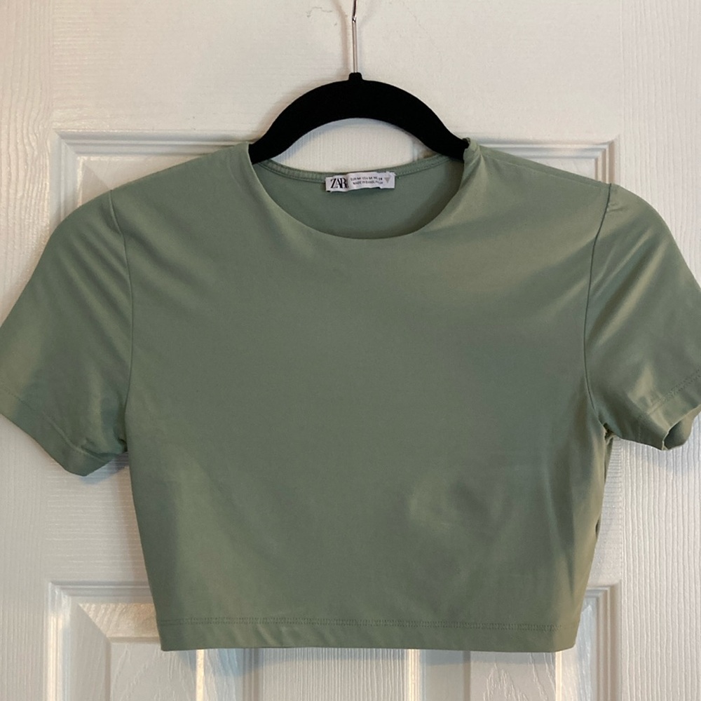 Zara Green Nylon Crop Fitted T-Shirt